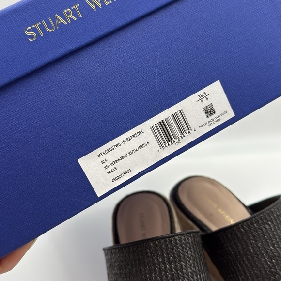 Stuart Weitzman Mykonos Two-Strap Wedge Sandals Herringbone Raffia & Black 38.5 - Picture 12 of 12